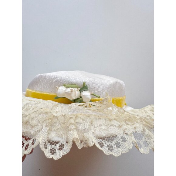 Vintage Ivory Straw Faux Floral Yellow Velvet Bow Lace Ruffle Trim Boater Hat - Picture 11 of 14